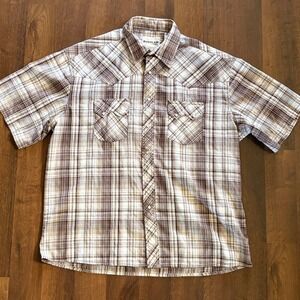 Rustler by Wrangler Mens Brown Plaid Short Sleeve Western Pearl Snap Shirt XL